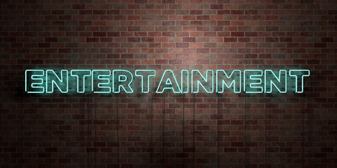 entertainment - fluorescent neon tube sign on brickwork - front view - 3d rendered royalty free stoc