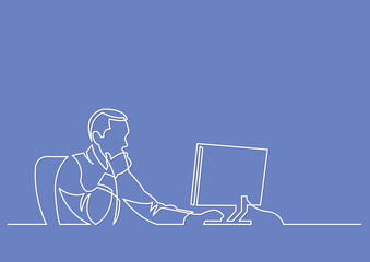Poster - continuous line drawing of businessman working behind computer