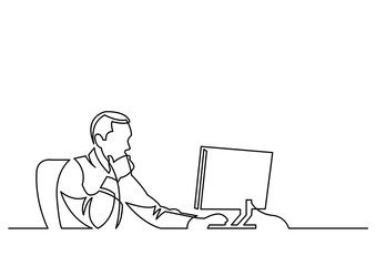 Poster - continuous line drawing of businessman working behind computer