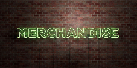 Fototapete - MERCHANDISE - fluorescent Neon tube Sign on brickwork - Front view - 3D rendered royalty free stock picture. Can be used for online banner ads and direct mailers..