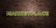 MARKETPLACE - fluorescent Neon tube Sign on brickwork - Front view - 3D rendered royalty free stock picture. Can be used for online banner ads and direct mailers..