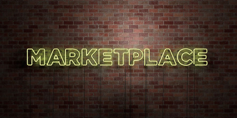 Wall Mural - MARKETPLACE - fluorescent Neon tube Sign on brickwork - Front view - 3D rendered royalty free stock picture. Can be used for online banner ads and direct mailers..