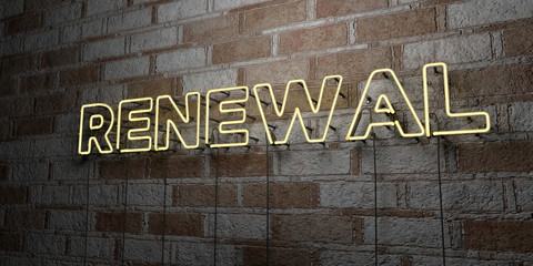 Poster - RENEWAL - Glowing Neon Sign on stonework wall - 3D rendered royalty free stock illustration.  Can be used for online banner ads and direct mailers..