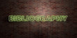 BIBLIOGRAPHY - fluorescent Neon tube Sign on brickwork - Front view - 3D rendered royalty free stock picture. Can be used for online banner ads and direct mailers..