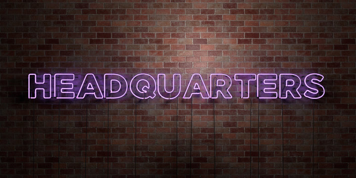 HEADQUARTERS - fluorescent Neon tube Sign on brickwork - Front view - 3D rendered royalty free stock picture. Can be used for online banner ads and direct mailers..