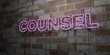 COUNSEL - Glowing Neon Sign on stonework wall - 3D rendered royalty free stock illustration.  Can be used for online banner ads and direct mailers..