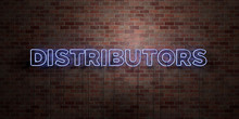 DISTRIBUTORS - Fluorescent Neon Tube Sign On Brickwork - Front View - 3D Rendered Royalty Free Stock Picture. Can Be Used For Online Banner Ads And Direct Mailers..