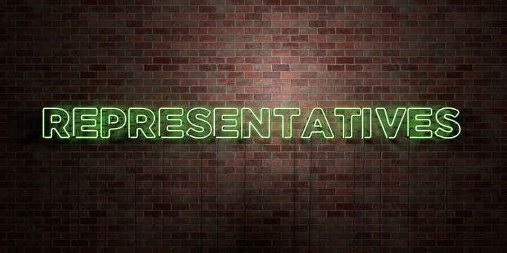 REPRESENTATIVES - fluorescent Neon tube Sign on brickwork - Front view - 3D rendered royalty free stock picture. Can be used for online banner ads and direct mailers..