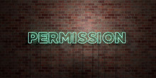 PERMISSION - Fluorescent Neon Tube Sign On Brickwork - Front View - 3D Rendered Royalty Free Stock Picture. Can Be Used For Online Banner Ads And Direct Mailers..