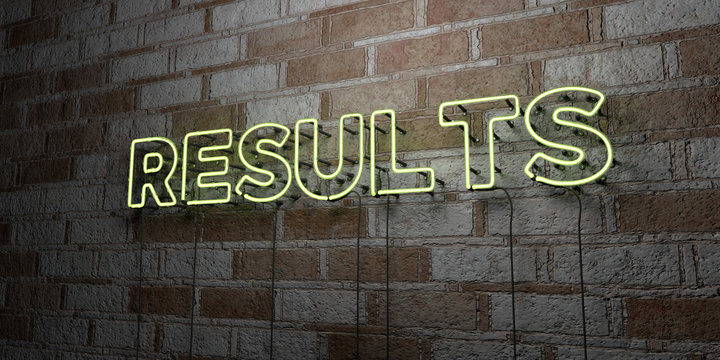 RESULTS - Glowing Neon Sign on stonework wall - 3D rendered royalty free stock illustration.  Can be used for online banner ads and direct mailers..