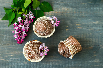 Chocolate muffins decorated with flowers on a gray wooden backgr