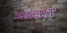 ROBERT - Glowing Neon Sign On Stonework Wall - 3D Rendered Royalty Free Stock Illustration.  Can Be Used For Online Banner Ads And Direct Mailers..