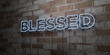 BLESSED - Glowing Neon Sign on stonework wall - 3D rendered royalty free stock illustration.  Can be used for online banner ads and direct mailers..