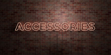 ACCESSORIES - fluorescent Neon tube Sign on brickwork - Front view - 3D rendered royalty free stock picture. Can be used for online banner ads and direct mailers..