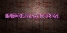 INFORMATIONAL - Fluorescent Neon Tube Sign On Brickwork - Front View - 3D Rendered Royalty Free Stock Picture. Can Be Used For Online Banner Ads And Direct Mailers..