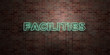 © Chris Titze Imaging - FACILITIES - fluorescent Neon tube Sign on brickwork - Front view - 3D rendered royalty free stock picture. Can be used for online banner ads and direct mailers..