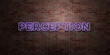 PERCEPTION - fluorescent Neon tube Sign on brickwork - Front view - 3D rendered royalty free stock picture. Can be used for online banner ads and direct mailers..