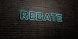 REBATE -Realistic Neon Sign on Brick Wall background - 3D rendered royalty free stock image. Can be used for online banner ads and direct mailers..