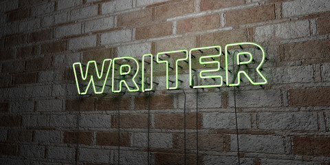 Wall Mural - writer - glowing neon sign on stonework wall - 3d rendered royalty free stock illustration. can be u