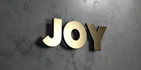 Wall Mural - joy - gold sign mounted on glossy marble wall - 3d rendered royalty free stock illustration. this im