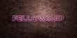 FELLOWSHIP - fluorescent Neon tube Sign on brickwork - Front view - 3D rendered royalty free stock picture. Can be used for online banner ads and direct mailers..
