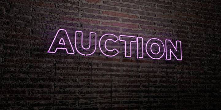 AUCTION -Realistic Neon Sign on Brick Wall background - 3D rendered royalty free stock image. Can be used for online banner ads and direct mailers..
