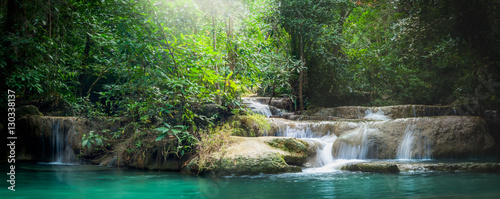 Panorama Erawan waterfall, the beautiful waterfall in forest at Erawan National Park - A beautiful waterfall on the River Kwai. Kanchanaburi, Thailand