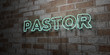 PASTOR - Glowing Neon Sign on stonework wall - 3D rendered royalty free stock illustration.  Can be used for online banner ads and direct mailers..