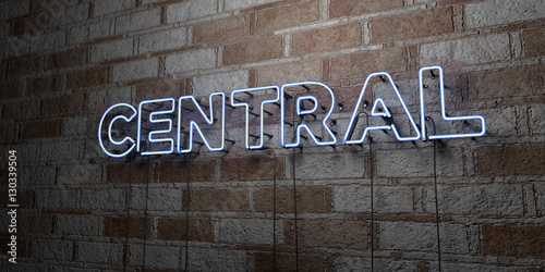 Fotografie, Obraz CENTRAL - Glowing Neon Sign on stonework wall - 3D rendered royalty free stock illustration