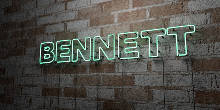 BENNETT - Glowing Neon Sign on stonework wall - 3D rendered royalty free stock illustration.  Can be used for online banner ads and direct mailers..
