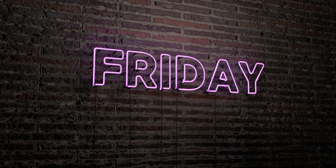 FRIDAY -Realistic Neon Sign on Brick Wall background - 3D rendered royalty free stock image. Can be used for online banner ads and direct mailers..