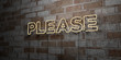 PLEASE - Glowing Neon Sign on stonework wall - 3D rendered royalty free stock illustration.  Can be used for online banner ads and direct mailers..