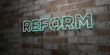 REFORM - Glowing Neon Sign on stonework wall - 3D rendered royalty free stock illustration.  Can be used for online banner ads and direct mailers..