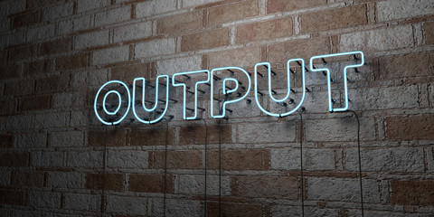 Fototapete - OUTPUT - Glowing Neon Sign on stonework wall - 3D rendered royalty free stock illustration.  Can be used for online banner ads and direct mailers..