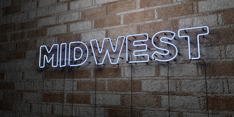 midwest - glowing neon sign on stonework wall - 3d rendered royalty free stock illustration. can be 