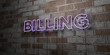 BILLING - Glowing Neon Sign on stonework wall - 3D rendered royalty free stock illustration.  Can be used for online banner ads and direct mailers..