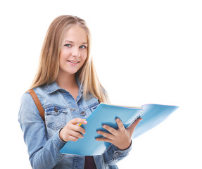 Wall Mural - Beautiful teenager with backpack and book on white background