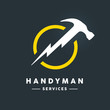 Concept handyman services logo with white abstract hammer flash tool in yellow circle icon on dark cool grey background. Vector illustration.