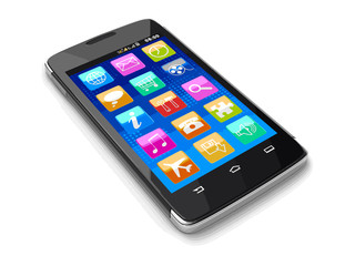Poster - Touchscreen smartphone with pictograms. Image with clipping path.