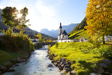 Ramsau Church In Autumn, Ramsau, Near Berchtesgaden, Bavaria, Germany 