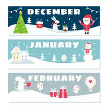 Winter Months Calendar Flashcards Set. Nature, Holidays And Symbols Illustrations