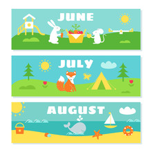 Summer Months Calendar Flashcards Set. Nature, Holidays And Symbols Illustrations