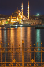 Yeni Cami (New Mosque) At Night, Istanbul Old City, Turkey 