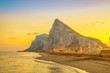 View on Gibraltar rock at sunset from beach in La Linea de la Concepcion, Andalusia, Spain