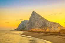 View On Gibraltar Rock At Sunset From Beach In La Linea De La Concepcion, Andalusia, Spain