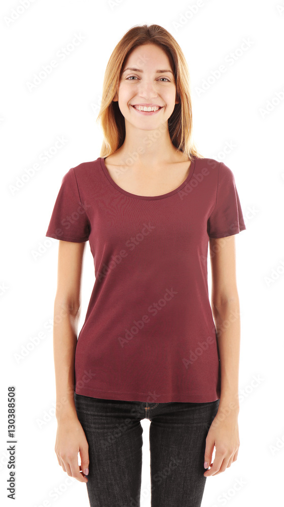 Young woman in blank maroon t-shirt on white background