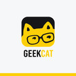 Logo, icon vector Geek cat logo templates, stylized cartoon cat in a smart black glasses, black yellow