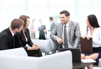 Poster - Happy business people talking on meeting at office