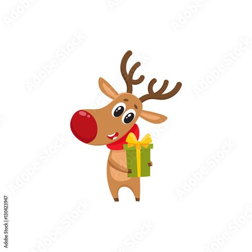 Funny Christmas Reindeer In Red Scarf Holding A Gift Present Cartoon Vector Illustration Isolated On White Background Red Nosed Deer In Red Scarf With Christmas Present Holiday Decoration Element Buy This