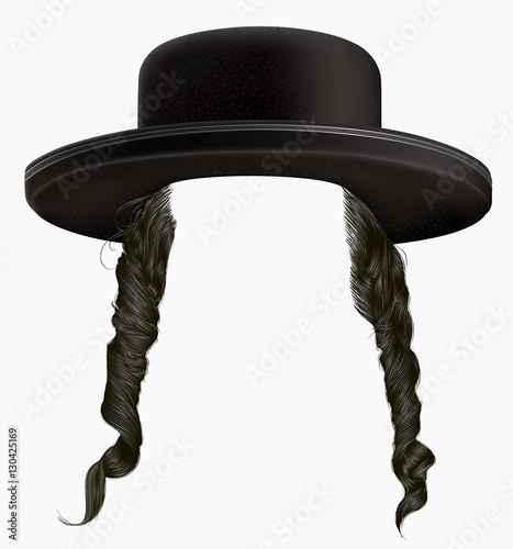 Fotomural black hair sidelocks . mask wig jew hassid in hat .
